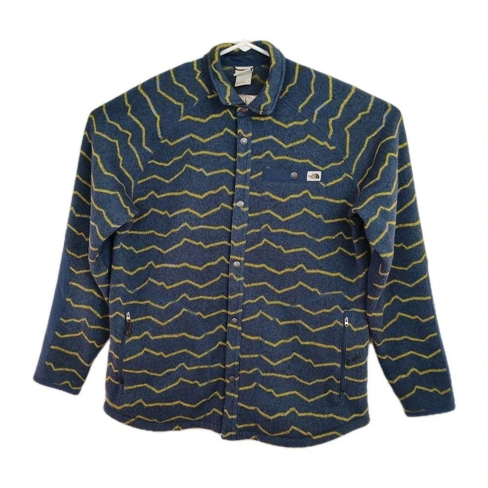 The North Face Gordon Lyons Shacket Men's XL Blue w/ Yellow Stripes Snap Up‎